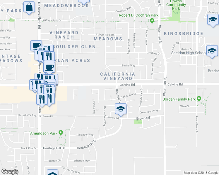 map of restaurants, bars, coffee shops, grocery stores, and more near 9123 Bristol Plaza Way in Elk Grove