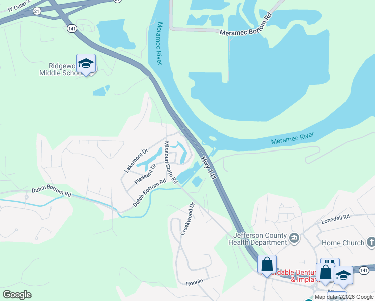 map of restaurants, bars, coffee shops, grocery stores, and more near 1341 Meadow Drive in Arnold