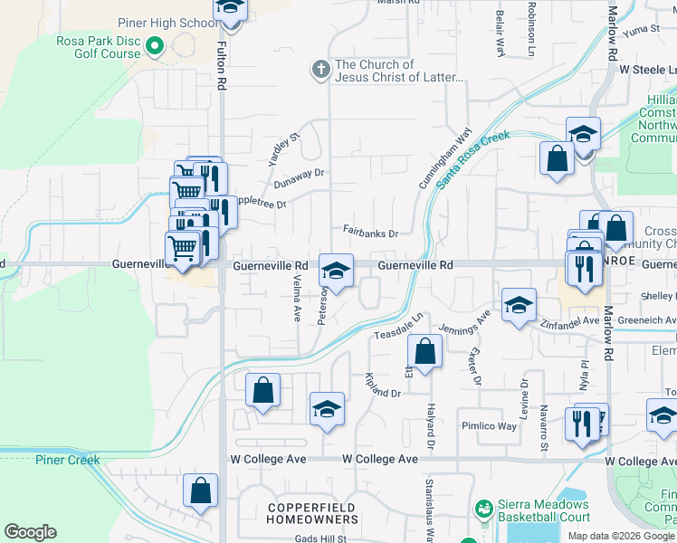 map of restaurants, bars, coffee shops, grocery stores, and more near 1460 Peterson Lane in Santa Rosa