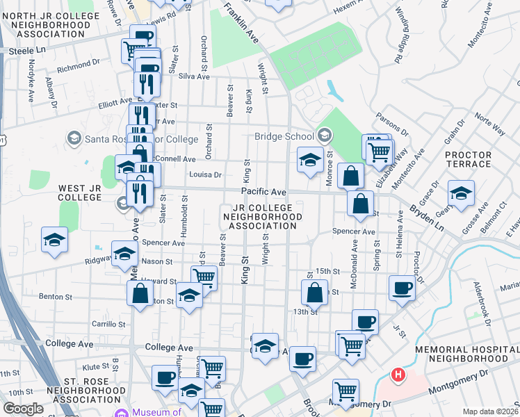 map of restaurants, bars, coffee shops, grocery stores, and more near 1050 King Street in Santa Rosa
