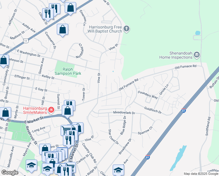 map of restaurants, bars, coffee shops, grocery stores, and more near 1060 Old Furnace Road in Harrisonburg