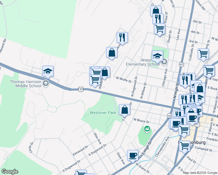 map of restaurants, bars, coffee shops, grocery stores, and more near 850 West Market Street in Harrisonburg