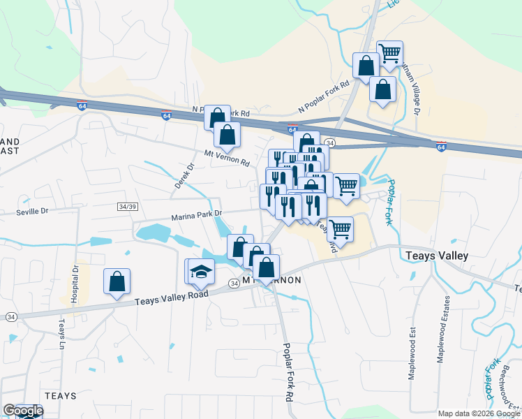 map of restaurants, bars, coffee shops, grocery stores, and more near 3049 Mount Vernon Road in Hurricane