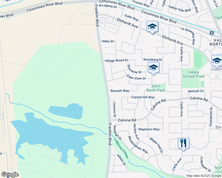 map of restaurants, bars, coffee shops, grocery stores, and more near 4921 Bassett Way in Sacramento