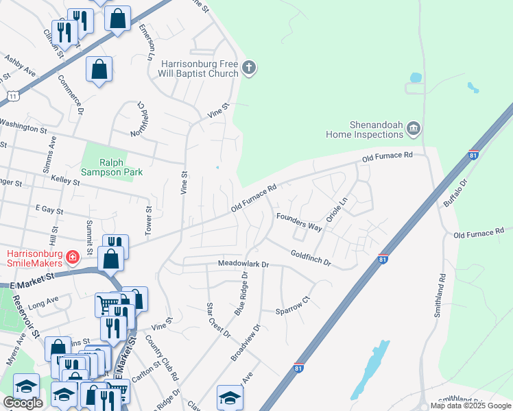 map of restaurants, bars, coffee shops, grocery stores, and more near 1231 Old Furnace Road in Harrisonburg
