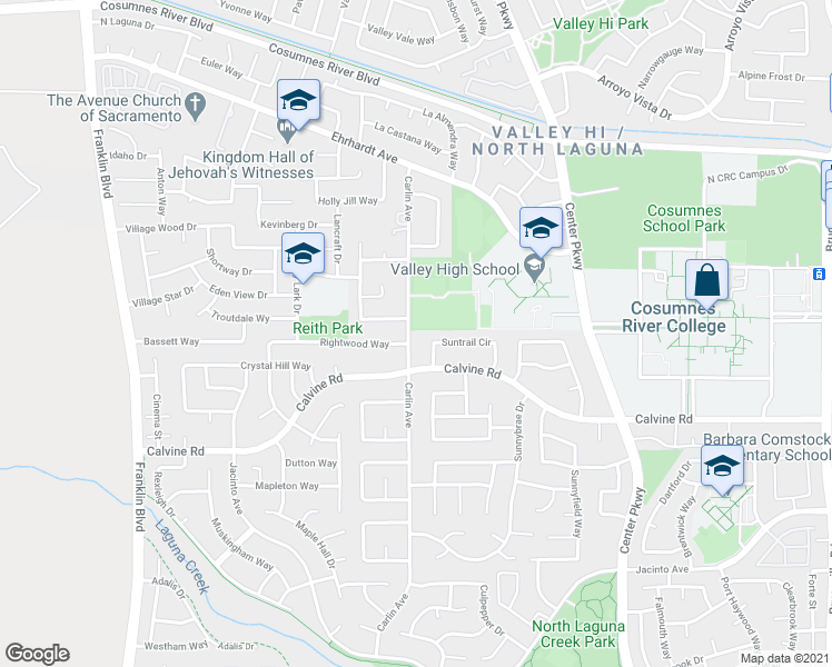 map of restaurants, bars, coffee shops, grocery stores, and more near 8401 Carlin Avenue in Sacramento