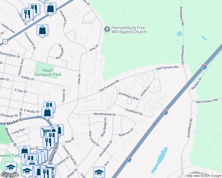 map of restaurants, bars, coffee shops, grocery stores, and more near 1231 Old Furnace Road in Harrisonburg