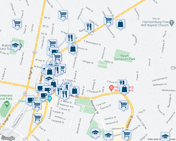map of restaurants, bars, coffee shops, grocery stores, and more near 372 Myrtle Street in Harrisonburg