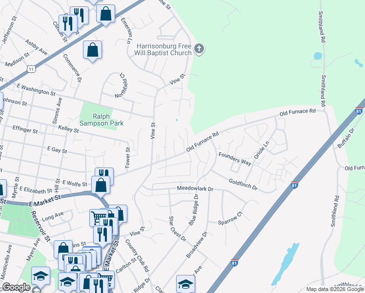 map of restaurants, bars, coffee shops, grocery stores, and more near 1190 Old Furnace Road in Harrisonburg