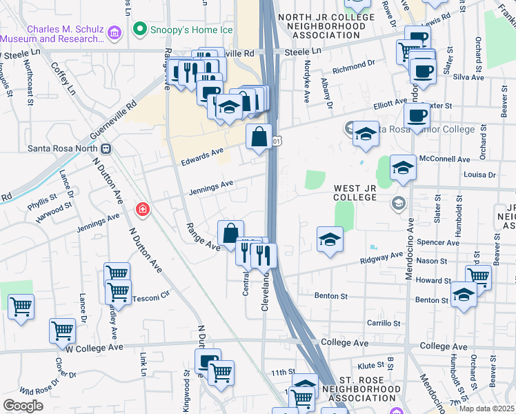 map of restaurants, bars, coffee shops, grocery stores, and more near 35 Foley Street in Santa Rosa