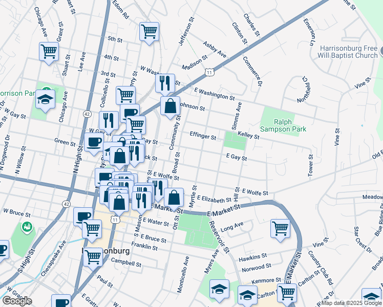 map of restaurants, bars, coffee shops, grocery stores, and more near 359 East Gay Street in Harrisonburg