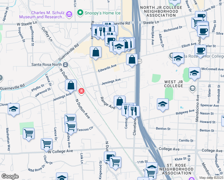 map of restaurants, bars, coffee shops, grocery stores, and more near 1020 Jennings Avenue in Santa Rosa