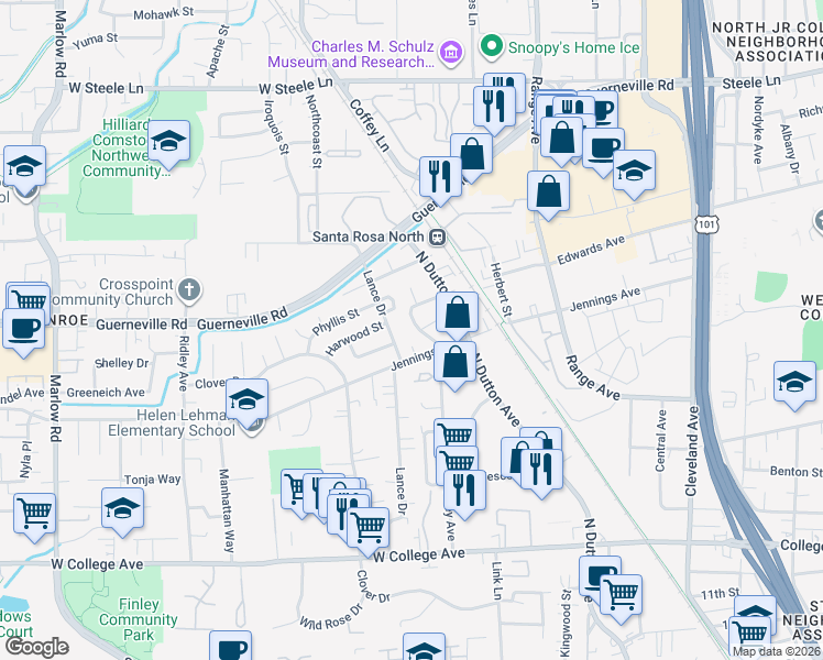 map of restaurants, bars, coffee shops, grocery stores, and more near 1163 Guaymas Street in Santa Rosa