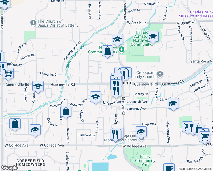map of restaurants, bars, coffee shops, grocery stores, and more near 2086 Guerneville Road in Santa Rosa