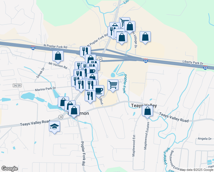map of restaurants, bars, coffee shops, grocery stores, and more near 302 Great Teays Boulevard in Teays Valley