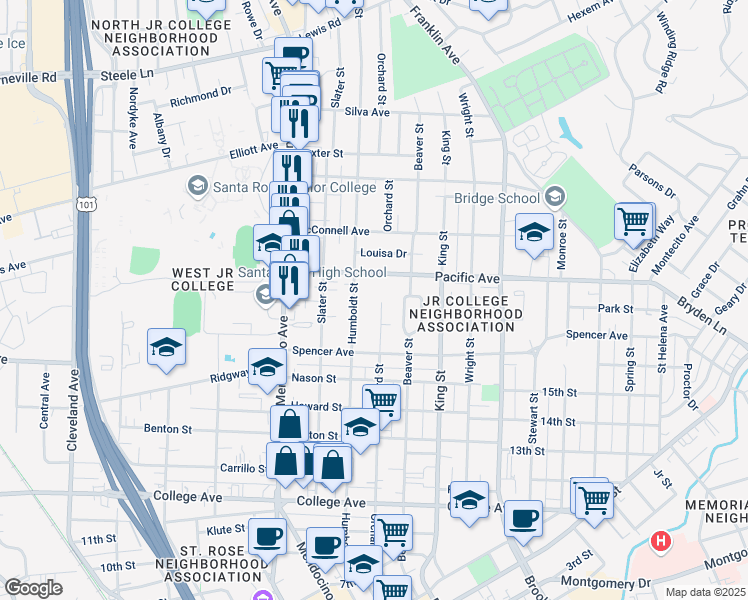 map of restaurants, bars, coffee shops, grocery stores, and more near 1147 Orchard Street in Santa Rosa