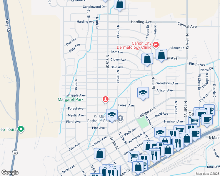 map of restaurants, bars, coffee shops, grocery stores, and more near 905 Allison Ave in Cañon City