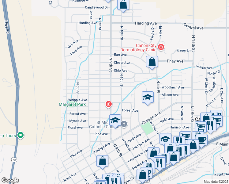 map of restaurants, bars, coffee shops, grocery stores, and more near 905 Allison Avenue in Cañon City