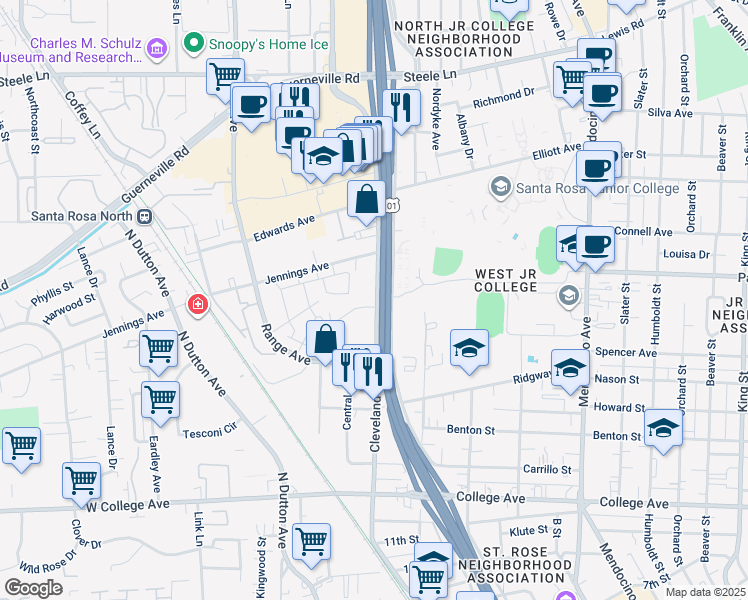map of restaurants, bars, coffee shops, grocery stores, and more near 35 Foley Street in Santa Rosa