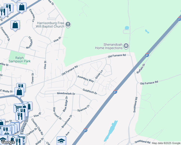 map of restaurants, bars, coffee shops, grocery stores, and more near 1133 Bluebird Court in Harrisonburg