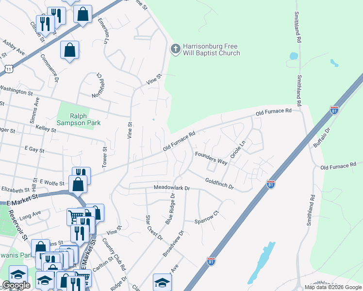 map of restaurants, bars, coffee shops, grocery stores, and more near 1231 Old Furnace Road in Harrisonburg