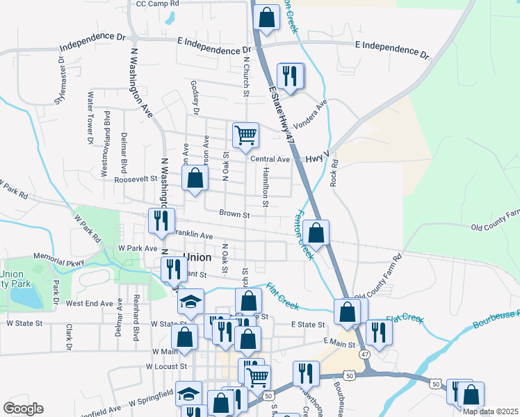 map of restaurants, bars, coffee shops, grocery stores, and more near 413 Brown Street in Union