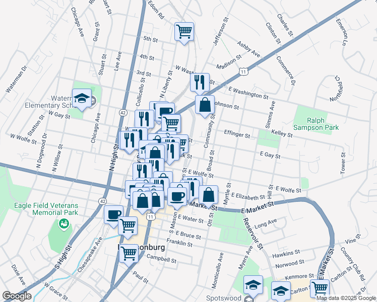 map of restaurants, bars, coffee shops, grocery stores, and more near 340 North Mason Street in Harrisonburg