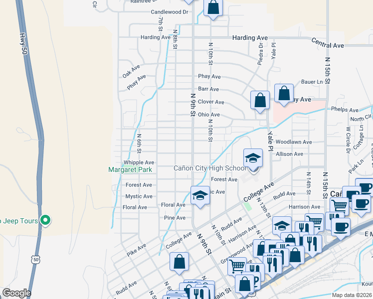 map of restaurants, bars, coffee shops, grocery stores, and more near 1300-1320 North 8th Street in Cañon City