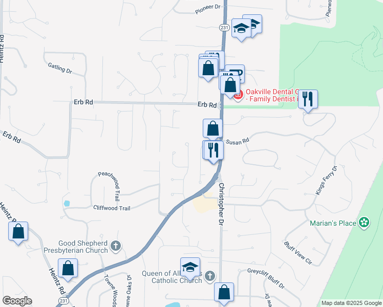 map of restaurants, bars, coffee shops, grocery stores, and more near 6319 Highland Estates Drive in St. Louis