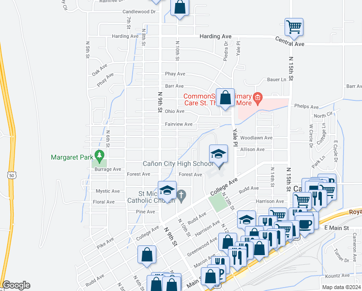 map of restaurants, bars, coffee shops, grocery stores, and more near 1005 Allison Avenue in Cañon City