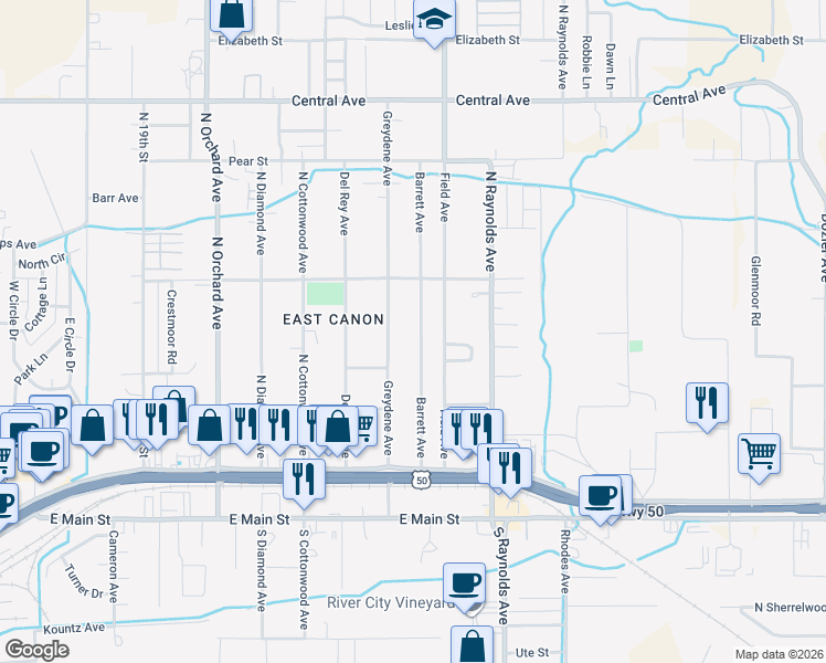 map of restaurants, bars, coffee shops, grocery stores, and more near 417 Barrett Avenue in Cañon City