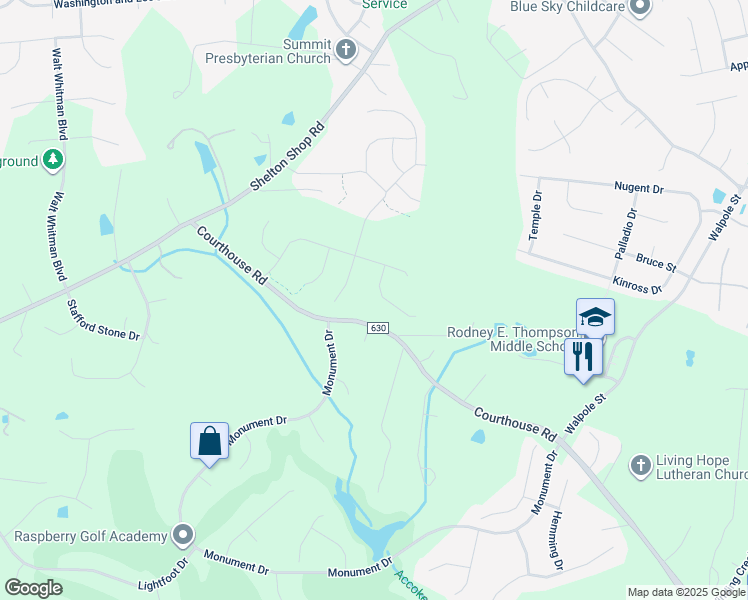 map of restaurants, bars, coffee shops, grocery stores, and more near 108 Old Oaks Court in Stafford