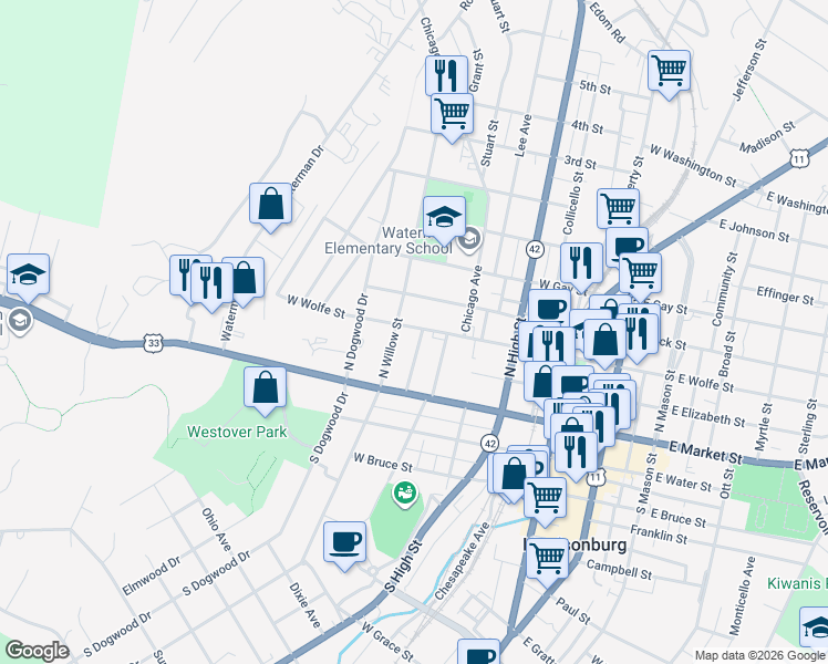 map of restaurants, bars, coffee shops, grocery stores, and more near 93 Shenandoah Ave in Harrisonburg