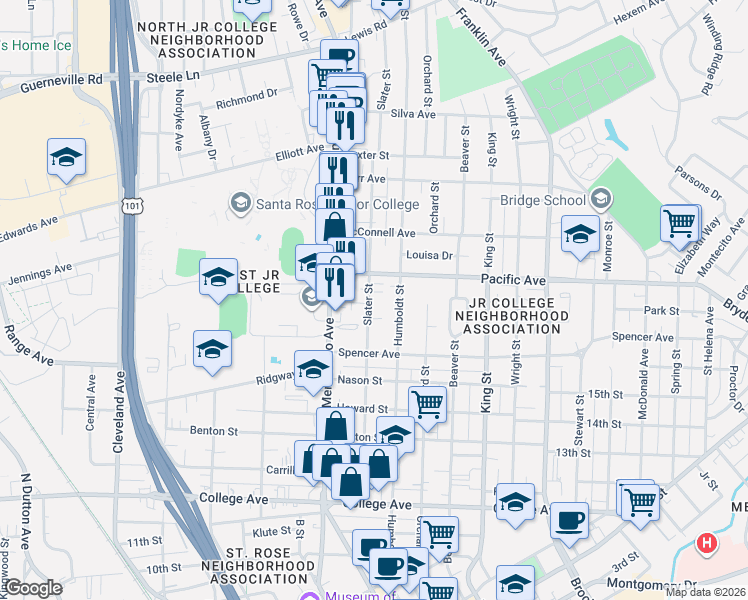 map of restaurants, bars, coffee shops, grocery stores, and more near 1260 Slater Street in Santa Rosa