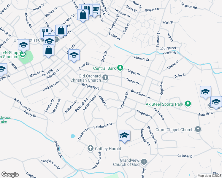 map of restaurants, bars, coffee shops, grocery stores, and more near 3627 Old Orchard Drive in Ashland