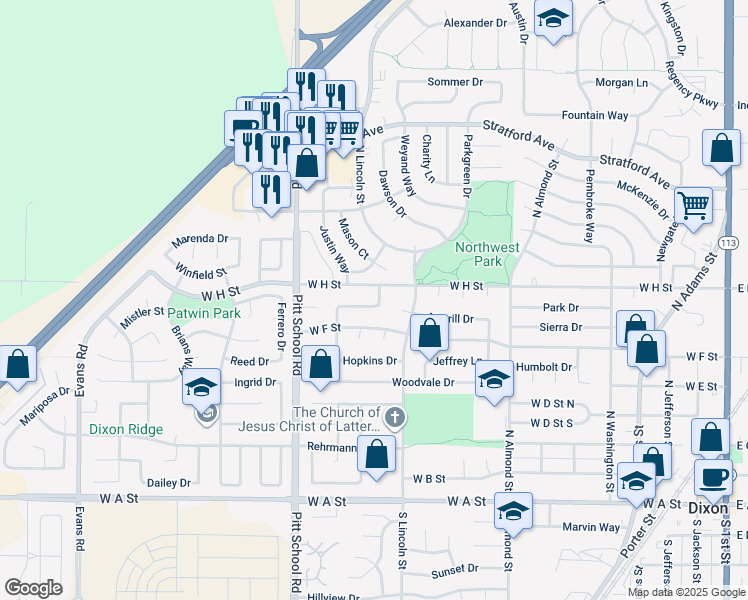 map of restaurants, bars, coffee shops, grocery stores, and more near 1200 Cunningham Drive in Dixon