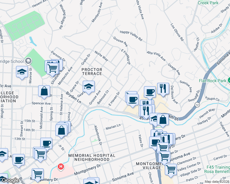 map of restaurants, bars, coffee shops, grocery stores, and more near 2030 Augustan Avenue in Santa Rosa