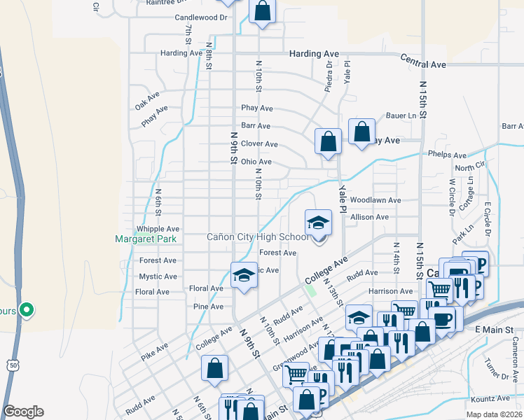 map of restaurants, bars, coffee shops, grocery stores, and more near 1005 Allison Avenue in Cañon City
