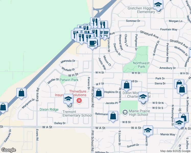 map of restaurants, bars, coffee shops, grocery stores, and more near 1380 Macdonald Court in Dixon