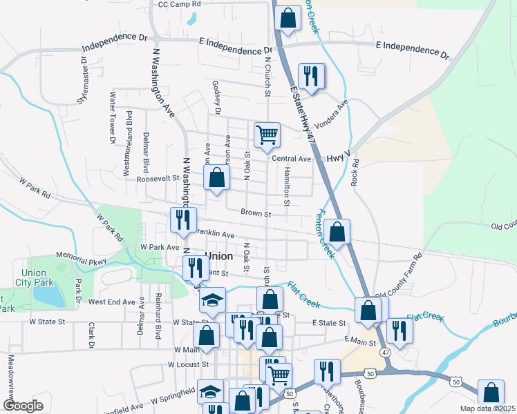 map of restaurants, bars, coffee shops, grocery stores, and more near 801 North Church Street in Union