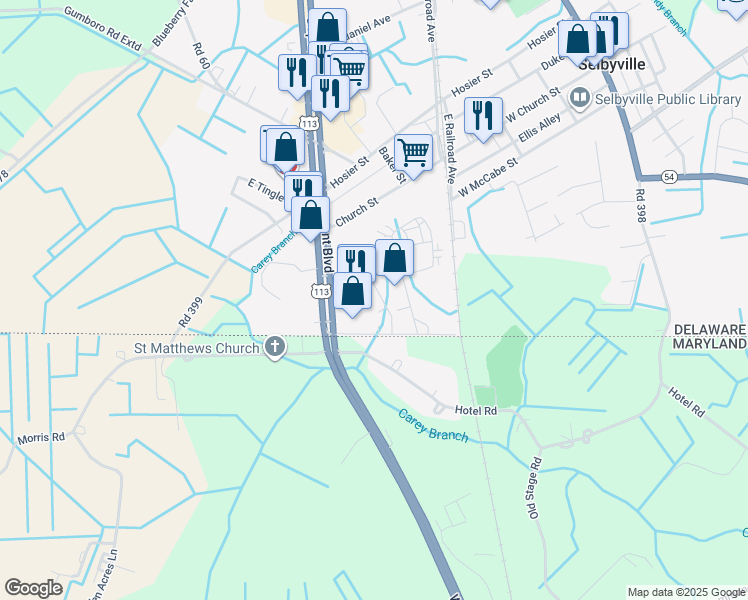 map of restaurants, bars, coffee shops, grocery stores, and more near 7 Discovery Lane in Selbyville