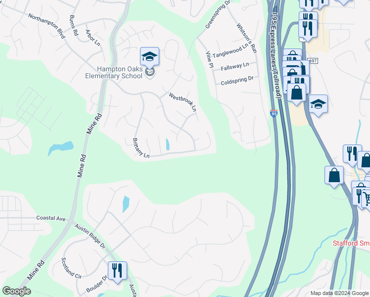 map of restaurants, bars, coffee shops, grocery stores, and more near 6 Brittany Lane in Stafford