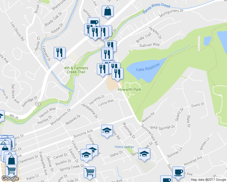 map of restaurants, bars, coffee shops, grocery stores, and more near 3657 Ahl Park Court in Santa Rosa