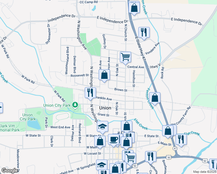 map of restaurants, bars, coffee shops, grocery stores, and more near 806 North Jefferson Avenue in Union