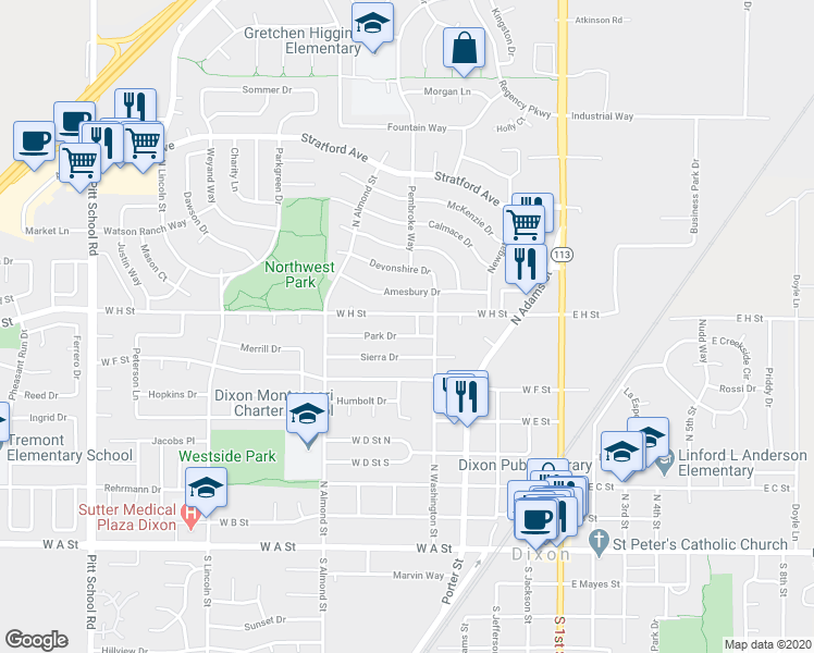 map of restaurants, bars, coffee shops, grocery stores, and more near 535 West H Street in Dixon