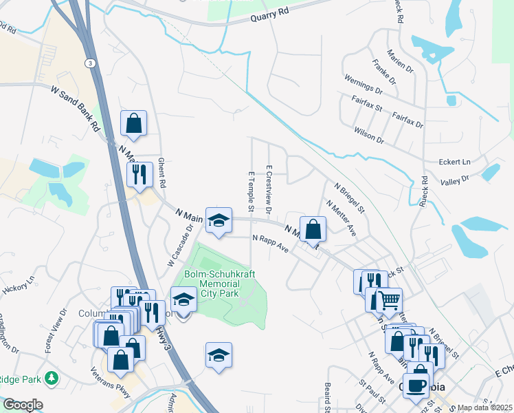 map of restaurants, bars, coffee shops, grocery stores, and more near 118 East Temple Street in Columbia