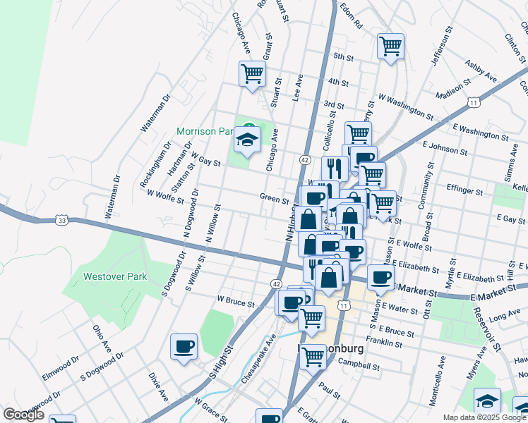 map of restaurants, bars, coffee shops, grocery stores, and more near 290 West Wolfe Street in Harrisonburg