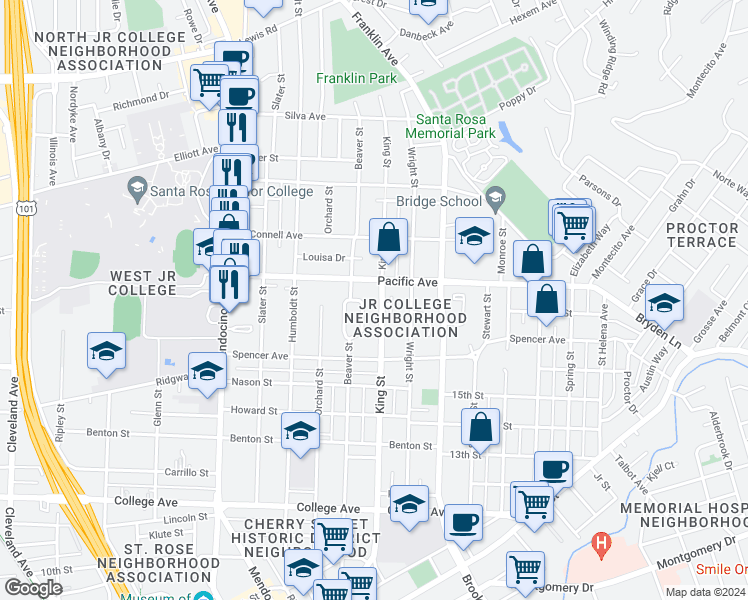 map of restaurants, bars, coffee shops, grocery stores, and more near 1050 King Street in Santa Rosa