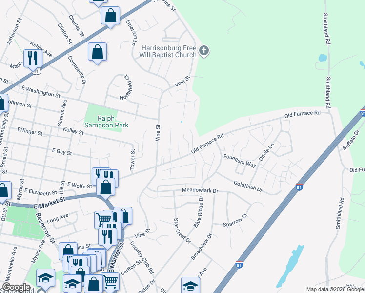 map of restaurants, bars, coffee shops, grocery stores, and more near 1190 Old Furnace Road in Harrisonburg