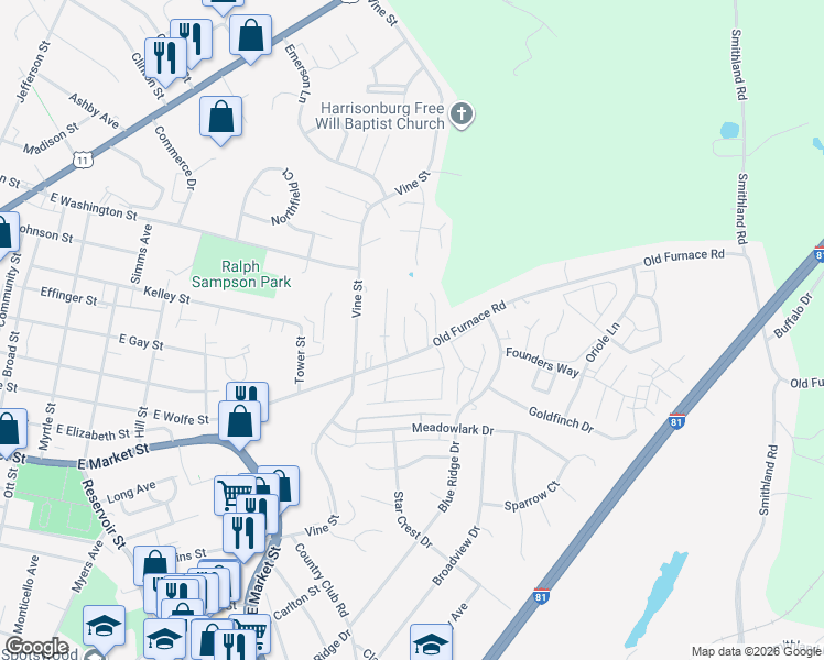 map of restaurants, bars, coffee shops, grocery stores, and more near 1190 Old Furnace Road in Harrisonburg